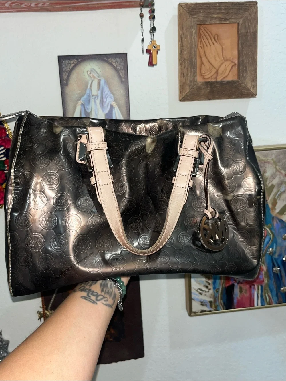 Michael Kors Black Logo-Embossed Satchel with Pale Pink Handles